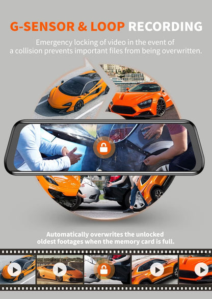 WOLFBOX 2.5K Mirror Dash Cam GPS, 10" Full Touch Screen Rear View Mirror Camera with Waterproof Backup Camera, Dual Dash Camera Front and Rear for Car, Rearview Car Camera Night Vision