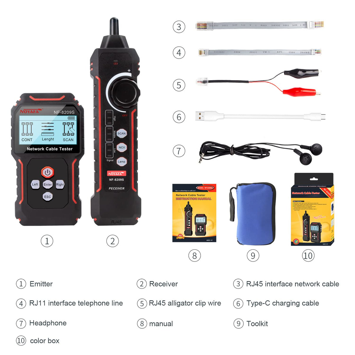 NOYAFA NF-8209S Upgrade Advanced Network Cable Tester with PoE& NCV，Cable Length Test，Port Flashing，Multifunction Anti Interference Scanning Modes Wire Tracker