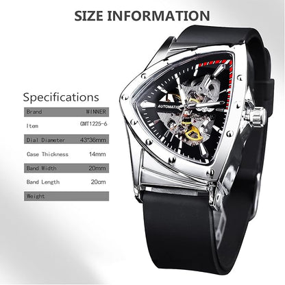 Skeleton Watches for Men, Automatic Mechanical Watch with Triangle Dial, Luminous Self Winding Watches Stainless Steel Bracelet or Soft Silicone Strap