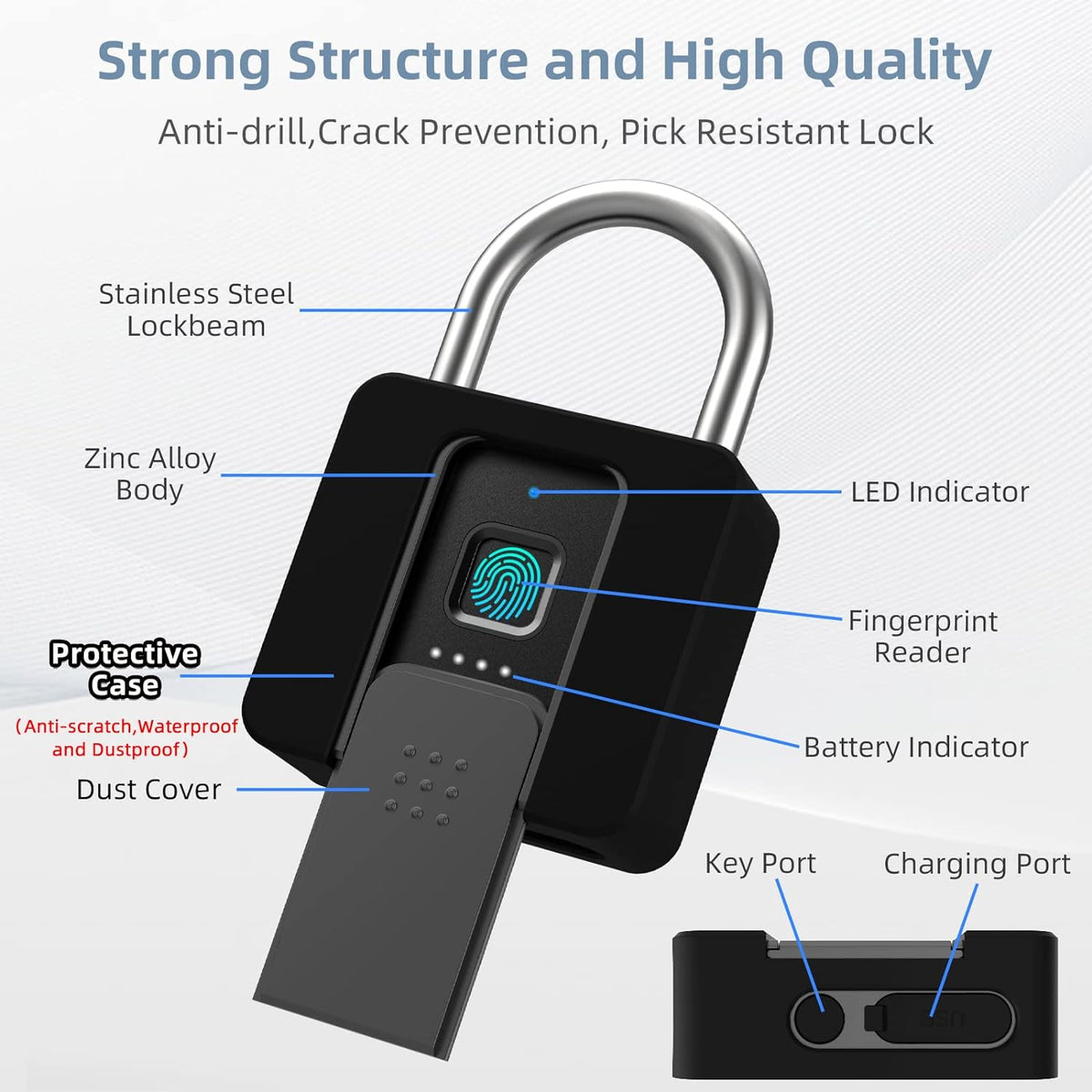 Fingerprint Padlock, Eseesmart Padlock Large Size, Combination Lock, Waterproof with Protective Case, Padlock with Key, with Mobile APP and Fingerprint Unlock, Suitable for Gates, Doors,Gym, Office