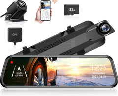 WOLFBOX 2.5K Dash Cam Mirror for Car, Rear View Mirror Camera with 10" IPS Full Touch Screen, Dual Dash Camera 1440P Front and Rear Mirror with 1080P Backup Camera, Free Card & GPS