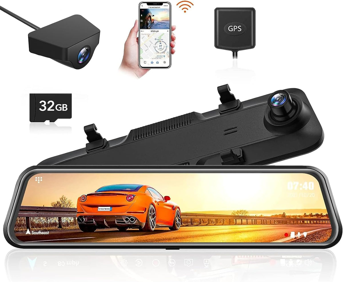 WOLFBOX G840H Mirror Dash Cam, Front & Rear 1440p