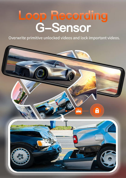 WOLFBOX 3 Channels Mirror Dash Cam, 12" IPS Touch Screen Rear View Mirror Camera with Detached Front, in-Car Camera, and Waterproof Backup Camera, Front and Rear Dash Camera with GPS & G-Sensor