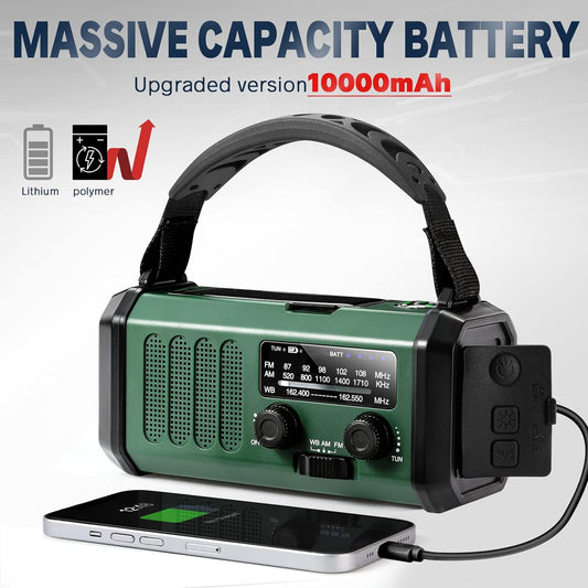 10000mAh Crank Radio, Emergency Radio, Solar Radio, NOAA/AM/FM Weather Radio, USB Type-C Charging,Dynamo Radio,Polymer Battery,Torch & LED Reading Light, SOS Alarm,Compass for Camping