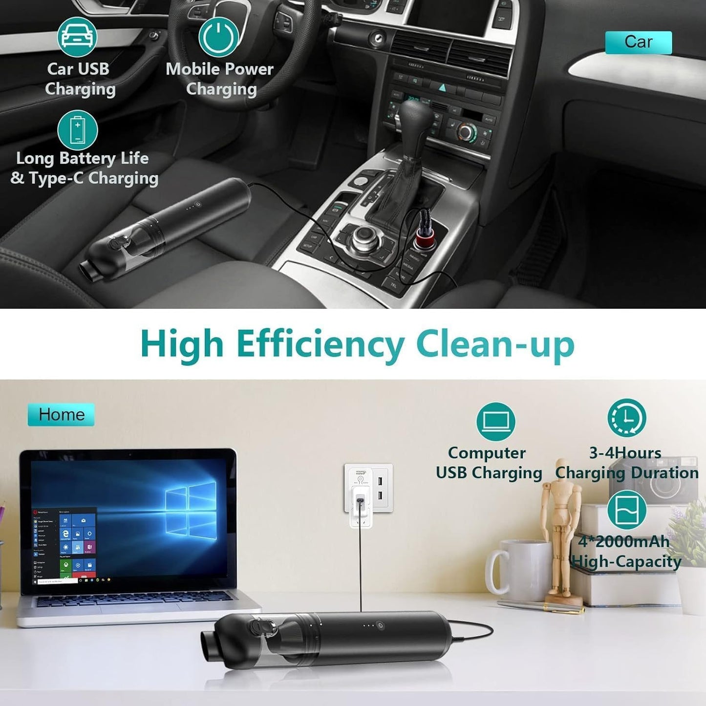 Akjbl Handheld Vacuum Cordless Car Vacuum Cleaner 16,000 Pa Strong Powerful Suction Vacuum Cleaners Car Mini Vacuum, Portable Vacuum Cleaner for Car Home Office, Ultra Light Dust Busters for Pet Hair