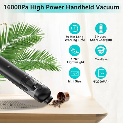 Akjbl Handheld Vacuum Cordless Car Vacuum Cleaner 16,000 Pa Strong Powerful Suction Vacuum Cleaners Car Mini Vacuum, Portable Vacuum Cleaner for Car Home Office, Ultra Light Dust Busters for Pet Hair