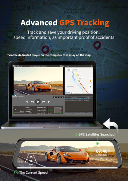WOLFBOX 2.5K Mirror Dash Cam GPS, 10" Full Touch Screen Rear View Mirror Camera with Waterproof Backup Camera, Dual Dash Camera Front and Rear for Car, Rearview Car Camera Night Vision