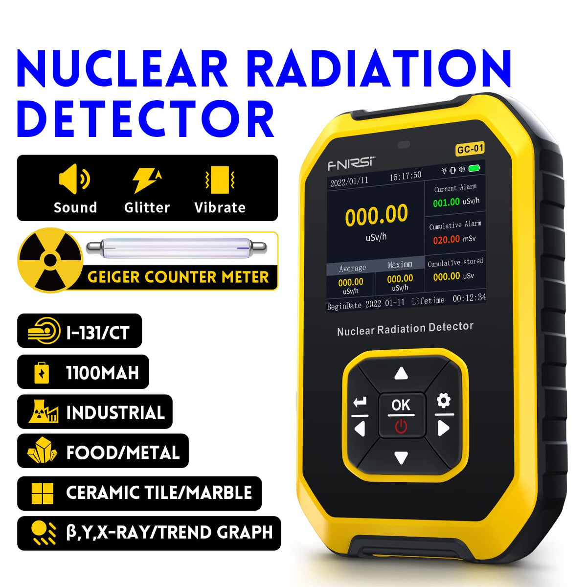 Geiger Counter Nuclear Radiation Detector - Radiation Dosimeter with LCD Display, Portable Handheld Beta Gamma X-ray Rechargeable Radiation Monitor Meter, 5 Dosage Units Switched,0.0μSv-500mSv
