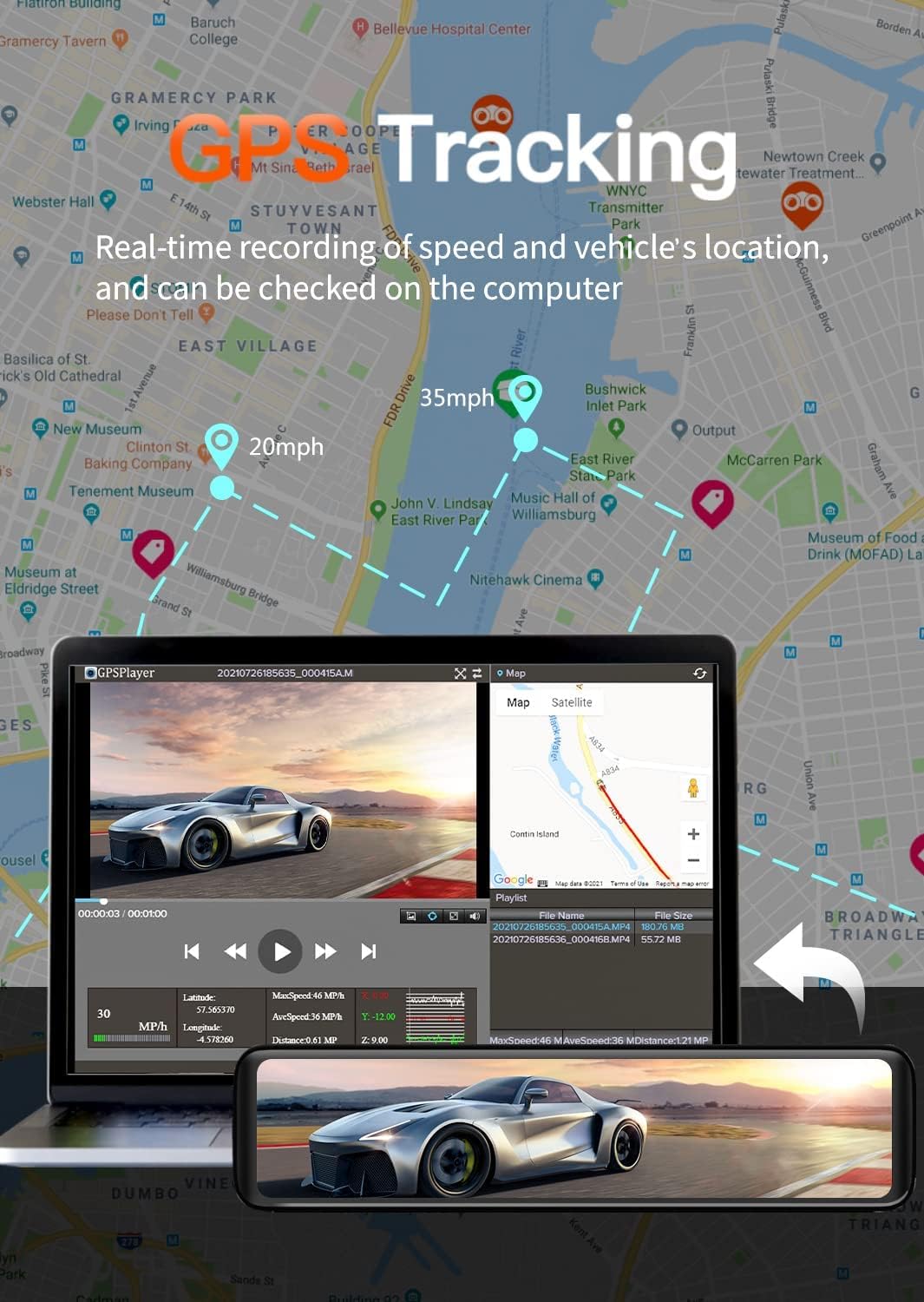 WOLFBOX 3 Channels Mirror Dash Cam, 12" IPS Touch Screen Rear View Mirror Camera with Detached Front, in-Car Camera, and Waterproof Backup Camera, Front and Rear Dash Camera with GPS & G-Sensor