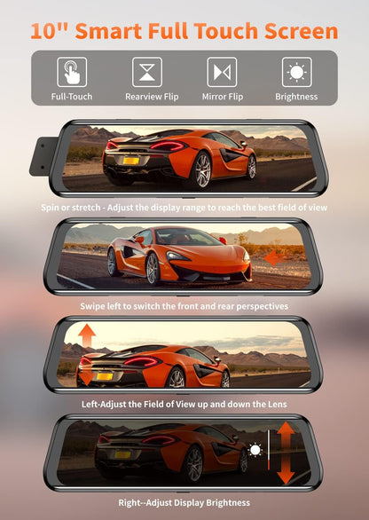 WOLFBOX 2.5K Mirror Dash Cam GPS, 10" Full Touch Screen Rear View Mirror Camera with Waterproof Backup Camera, Dual Dash Camera Front and Rear for Car, Rearview Car Camera Night Vision