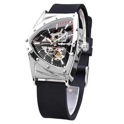 Skeleton Watches for Men, Automatic Mechanical Watch with Triangle Dial, Luminous Self Winding Watches Stainless Steel Bracelet or Soft Silicone Strap