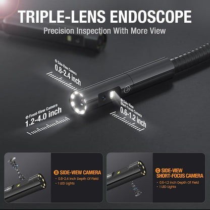 Triple Lens Borescope with 7" IPS Screen, Teslong 1080P HD Industrial Endoscope Inspection Camera with Light, 16.5FT Flexible Automotive Mechanic Scope Tool, Waterproof Pipe Snake Camera in Wall Cam