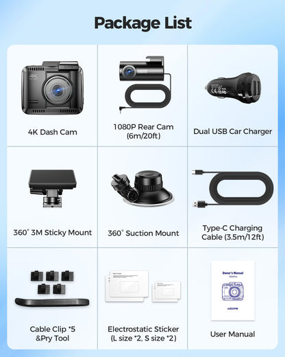 4K HDR Dash Cam Front and Rear with 4-Megapixel Image Sensor, 128GB eMMC, ADAS, 4K+1080P Dash Camera, 5GHz WiFi GPS 24H Parking Mode Car Camera (Delivery in 12 Days)