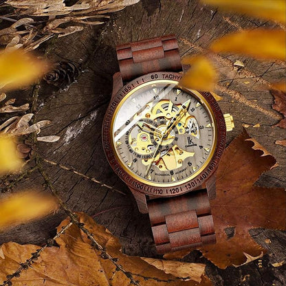 IK COLOURING Men's Watches Luxury Mechanical Wooden Case Skeleton Lumious Automatic Self-Winding Lightweight Genuine Leather Bracelet/Wood Band Wrist Watch