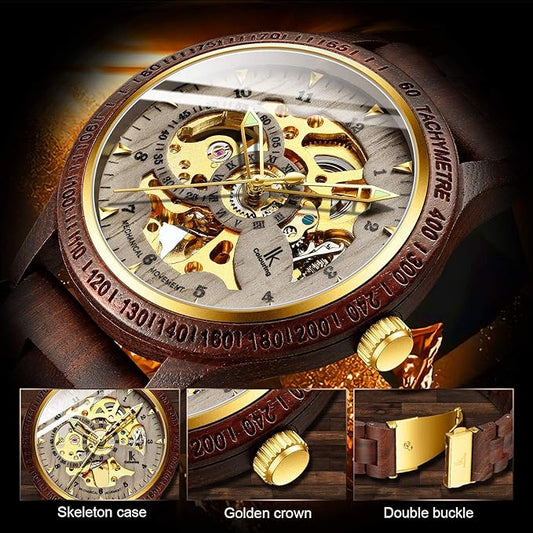 IK COLOURING Men's Watches Luxury Mechanical Wooden Case Skeleton Lumious Automatic Self-Winding Lightweight Genuine Leather Bracelet/Wood Band Wrist Watch