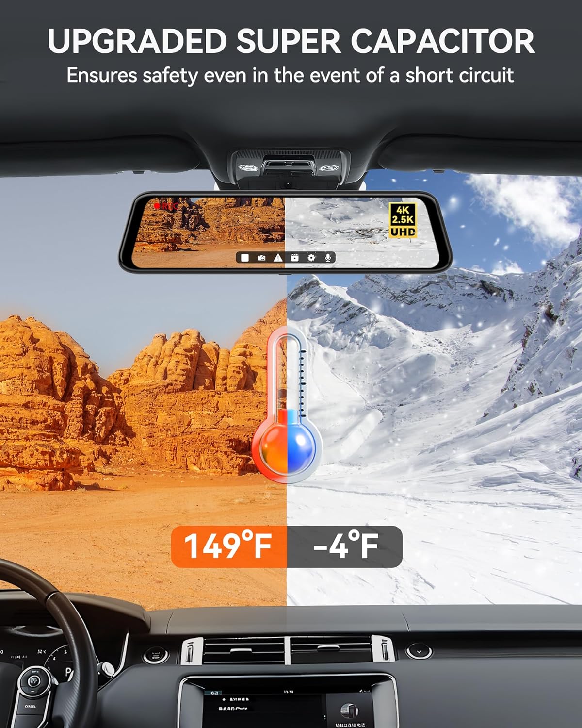 WOLFBOX Rear View Mirror Camera: Mirror Dash Cam Front and Rear 4K+2.5K for Car with 12" Full Touch Screen, Waterproof Backup WDR Camera, Night Vision, G-Sensor, Parking Assist,Free 32GB Card & GPS