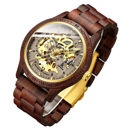 IK COLOURING Men's Watches Luxury Mechanical Wooden Case Skeleton Lumious Automatic Self-Winding Lightweight Genuine Leather Bracelet/Wood Band Wrist Watch