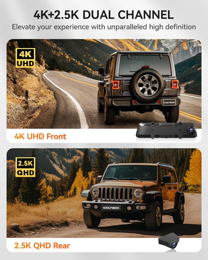 WOLFBOX Rear View Mirror Camera: Mirror Dash Cam Front and Rear 4K+2.5K for Car with 12" Full Touch Screen, Waterproof Backup WDR Camera, Night Vision, G-Sensor, Parking Assist,Free 32GB Card & GPS