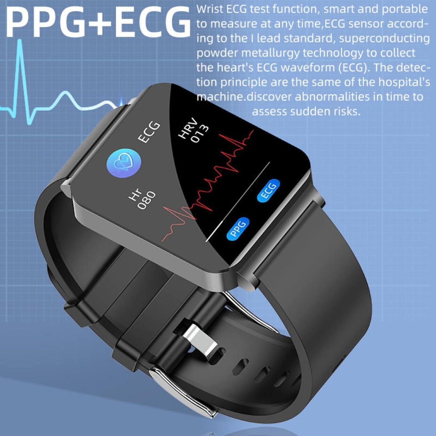 CALMORA Smart Watch with Blood Glucose Monitor, PPG ECG Health Tracking, Heart Rate SpO2 Monitor, 1.3-inch Touch Display, Black Silicon Band, Waterproof Fitness Tracker for Men Women