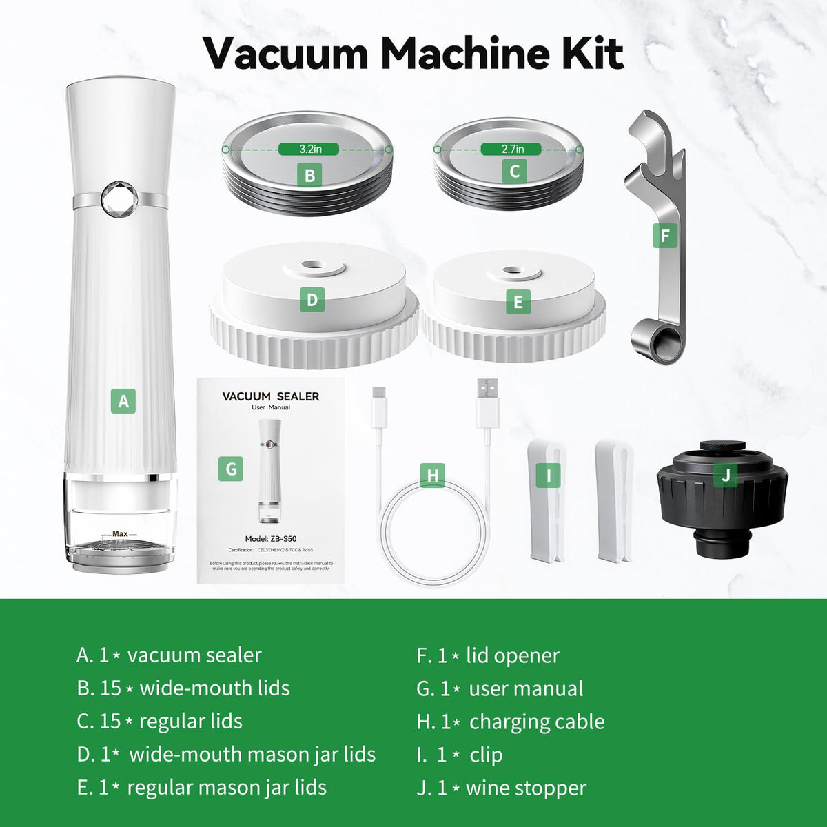 Calmora Vacuum Sealer for Food (Compact Vacuum Sealer Machine +30 Mason Jar Lids+ Wine Stopper), Handheld Mason Jar Vacuum Sealer for 10X Preservation & Fresh, 80Kpa Portable Vacuum Food Saver