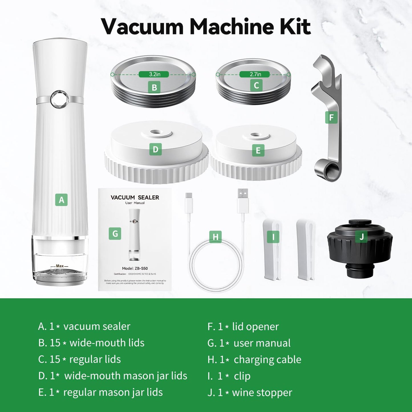 Calmora Vacuum Sealer for Food (Compact Vacuum Sealer Machine +30 Mason Jar Lids+ Wine Stopper), Handheld Mason Jar Vacuum Sealer for 10X Preservation & Fresh, 80Kpa Portable Vacuum Food Saver