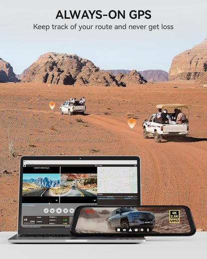 WOLFBOX Rear View Mirror Camera: Mirror Dash Cam Front and Rear 4K+2.5K for Car with 12" Full Touch Screen, Waterproof Backup WDR Camera, Night Vision, G-Sensor, Parking Assist,Free 32GB Card & GPS